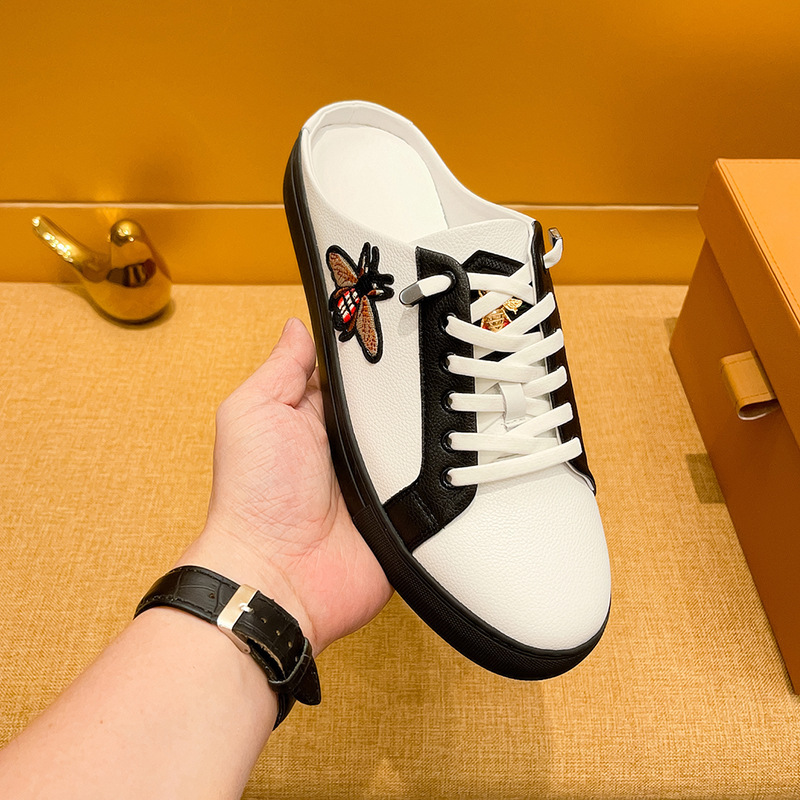 欧洲站奢侈品男鞋新款小蜜蜂真皮无后跟板鞋潮流一脚蹬懒人半拖鞋