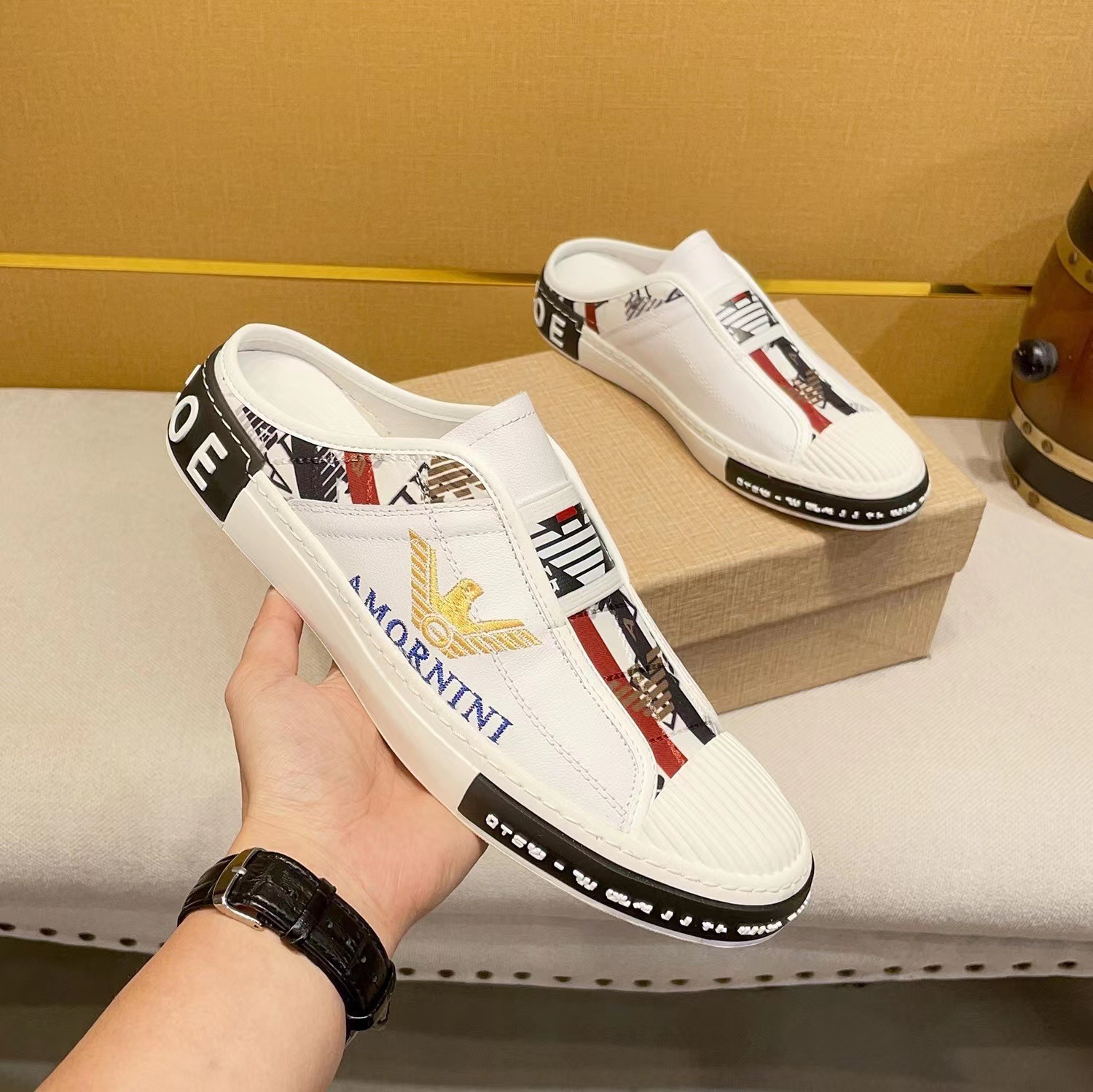 欧洲站包头半拖鞋男士夏季真皮一脚蹬平底休闲鞋韩版无后跟凉鞋男