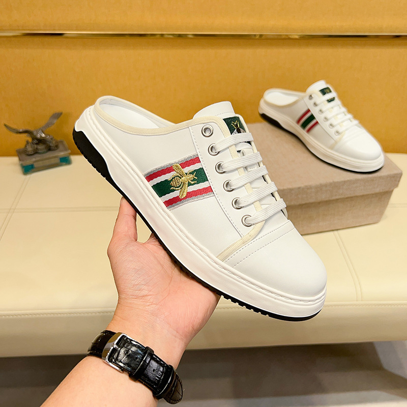 欧洲站男鞋夏季透气超火半拖鞋2025新款高端小蜜蜂真皮包头拖鞋男