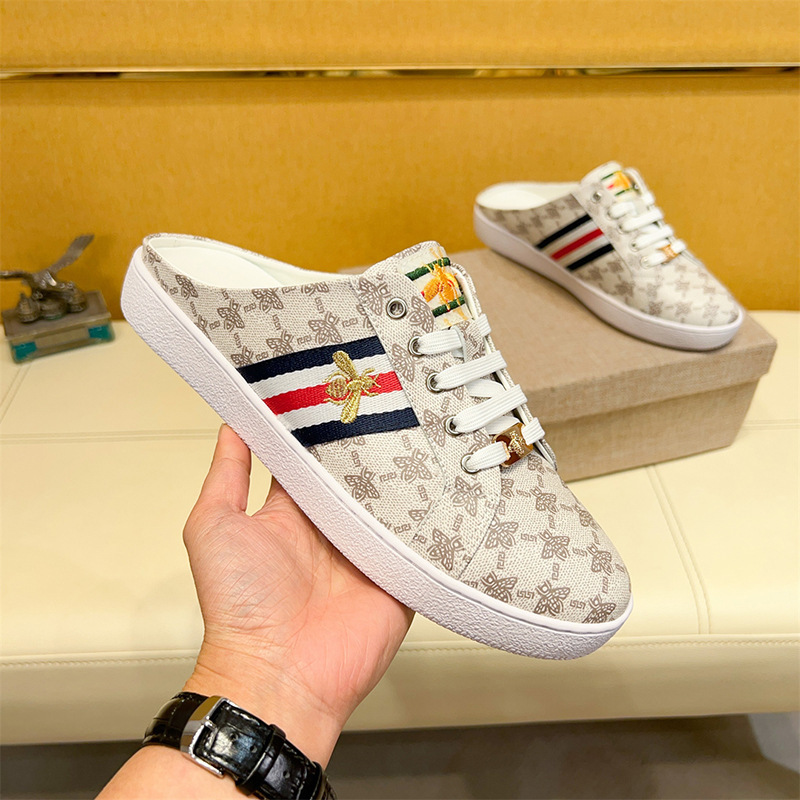 潮牌小蜜蜂真皮印花半拖男2025年新款夏季透气可外穿包头无后跟鞋